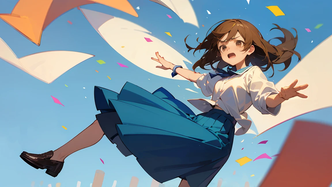 ((Highest quality)), ((masterpiece)), ((Very detailed)),Floatingする女の子,Angry expression,floating,Floating,Confetti,Brown Hair,tears,Levitating,Blue sky background,Feet in the air,tears,gravity,Long skirt,loafers,Raise both hands
