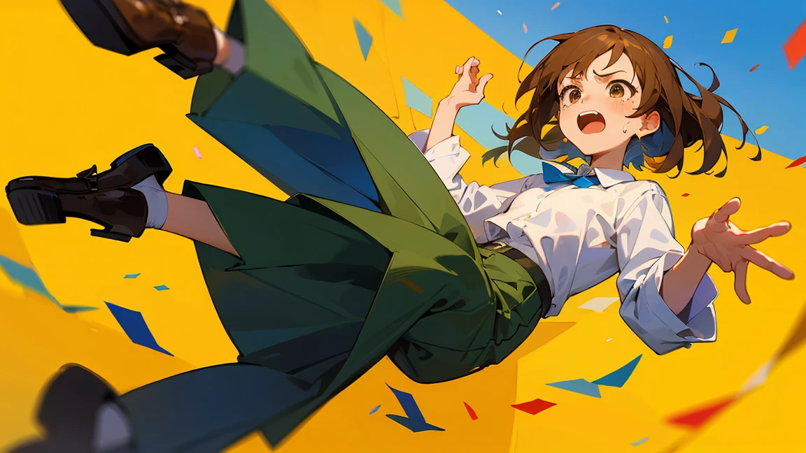 ((Highest quality)), ((masterpiece)), ((Very detailed)),Floatingする女の子,Angry expression,floating,Floating,Confetti,Brown Hair,tears,Levitating,Blue sky background,Feet in the air,tears,gravity,Long skirt,loafers,Raise both hands