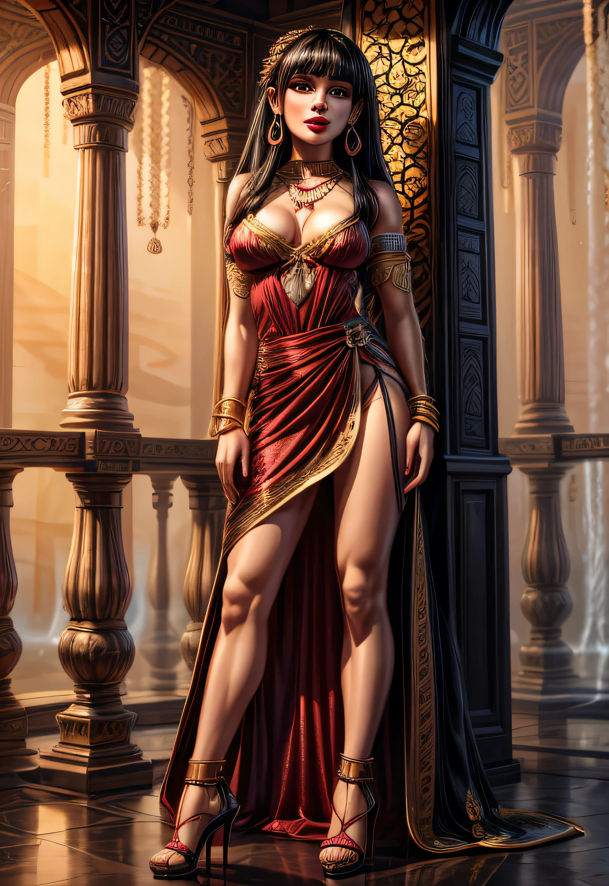 UHD 8k, HDR+, cute black-haired female genie with a necklace and with very dark skin, large piercing eyes, huge earrings, giant earrings, her long Black hair falls full waterfall and Bright oriental concubine costume, Bright colorful high heel shoes, High heels, Golden spreads, decorations, Against the background of the harem, detailed background, realistic, 1girl, solo girl, 20 year old girl, ultra realistic face, hyperrealistic, hyperdetailed, (looking at viewers), sharpen, detailed face, detailed eyes, detailed lips, red lips, beautiful face, 16k, FHD, raw photo, cute face mesh, pretty face mesh, portrait shot 8 k