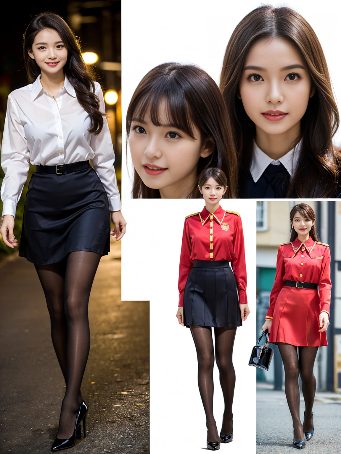 Biologically correct limb count))、(( Full body, including face))、4K、masterpiece、((Focus on the face))、((Symmetric, Well-proportioned facial features))、Delicate descriptive eyes、(((1 person)))、Beautiful woman、Excellent style、Well-proportioned body、、((Red Army Uniform、shirt、Check skirt,(High heels,Glossy Pantyhose)))、(((Coastal)))、(Smile and smile)、(Side close-up photo of lower body)、High Angle、、night、Walking posture