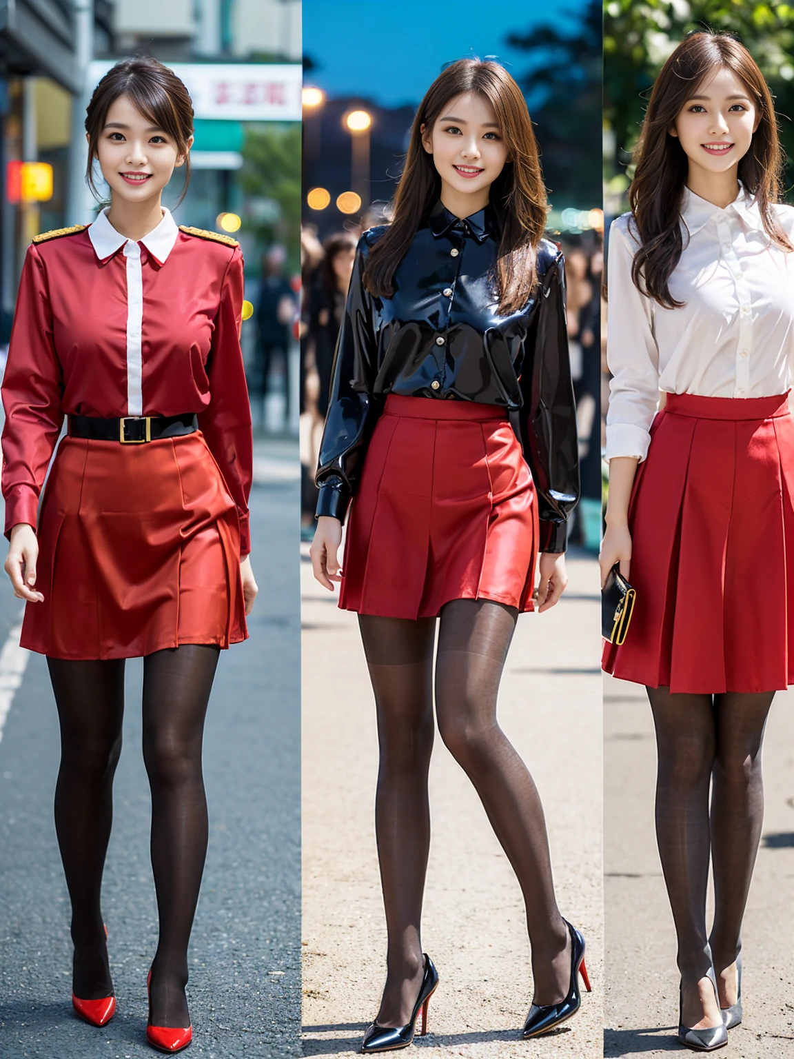 Biologically correct limb count))、(( Full body, including face))、4K、masterpiece、((Focus on the face))、((Symmetric, Well-proportioned facial features))、Delicate descriptive eyes、(((1 person)))、Beautiful woman、Excellent style、Well-proportioned body、、((Red Army Uniform、shirt、Check skirt,(High heels,Glossy Pantyhose)))、(((Coastal)))、(Smile and smile）、(Side close-up photo of lower body）、High Angle、、night、Walking posture