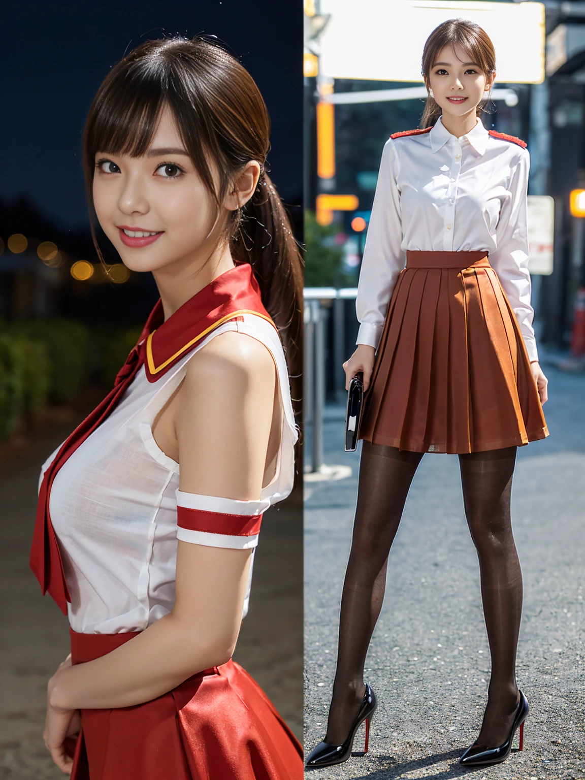 Biologically correct limb count))、(( Full body, including face))、4K、masterpiece、((Focus on the face))、((Symmetric, Well-proportioned facial features))、Delicate descriptive eyes、(((1 person)))、Beautiful woman、Excellent style、Well-proportioned body、、((Red Army Uniform、shirt、Check skirt,(High heels,Glossy Pantyhose)))、(((Coastal)))、(Smile and smile)、(Side close-up photo of lower body)、High Angle、、night、Walking posture