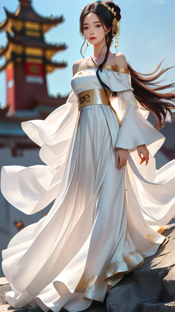 Girl in traditional Chinese clothing, Hanfu, Guzhen Hanfu women, White Hanfu,(long straight white hair:1.5), black eyes, black bun hairstyle, hair accessories ,white diamond earrings, Bangle Diameter, Dia Necklace, Clear eyes, Facing forward,put on makeup, Long eyelashes ,(gold long shoulder coat:1.5), (Very long skirt, white:1.5), ((Whole body)), ((from below)), Clear face, , (Very beautiful face, Beautiful mouth, beautiful eyes), detailed face, ((Ultra-fine skin)), In the dark, deep shadows, an ancient Chinese girl (Very slim figure 1.3) ,Plump breasts, elegant posture ,(palace in the sky:1.5),