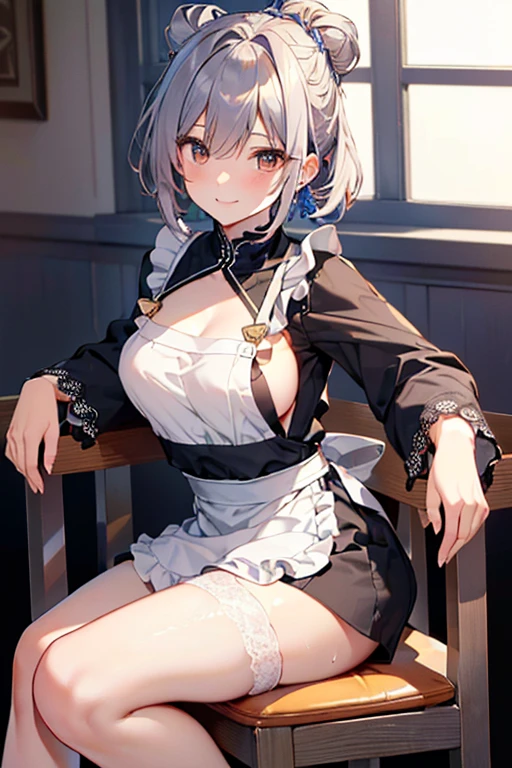 (A masterpiece of image quality in 8K),(from below:1.2),(Beautiful Allafed Woman),(((emphasizing breasts:1.0))),(Dynamic angles),(Dynamic and sexy bending pose:1.3),(sit a chair:1.3),(Short hair in shiny silver and orange inner colors,(perky chest:1.1), (pointed chest:1.3),small full breasts,Disturbance of clothing due to movement,breast slip,(Ponytail twisted buns adorned with elaborate braids and beads,Braided Setup Fishbone Hair,),(see-through bangs),small breasts、(((A white lace apron that shows your bare skin from under your small breasts)))、Blush with embarrassment、Enraptured eyes、A smile that beguiles the viewer、(Look back:1.2)、Look into the photographer,skin glistening with sweat,gazing at viewer,,(Professional Lighting),(8K,masutepiece,top-quality,Ultra-high resolution output image,),(Ultra HD with complex detail image modes),depth of fields,Beautiful hands,Beautiful fingers,Detailed finger features,(Detailed hair features:1.7),detailed facial features,detailed clothes features,