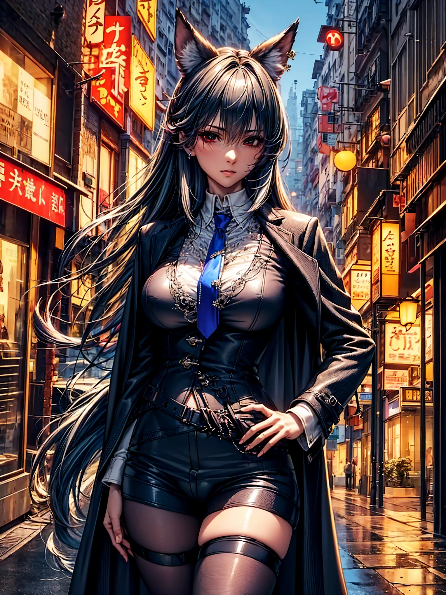 top-quality、tmasterpiece、Very high resolution、super high image quality、High-quality pixels)、perfect eyes, perfect face, perfect body figure,solo,8K, large breast,(Detailed description of hair), (Detailed description of face),(Detailed description of body), fair and clear skin, matchless beauty, long legged, dark grey hair details expressed, The details have been upgraded,opaque red eyeball color,model posture,dark grey fox ears,dark grey fox tail,Braless, pigsney, Looking at Viewer, arms behind back , put hands on the hip, (Perfect hands), puffies , Female pubic hair, see-through legwear, shirt, shirts lift, Earring, shiny eyes, long black open coat, Open jacket, Blue tie,long stocking, on Hongkong street,Cityscape,Night, symmetric outfit