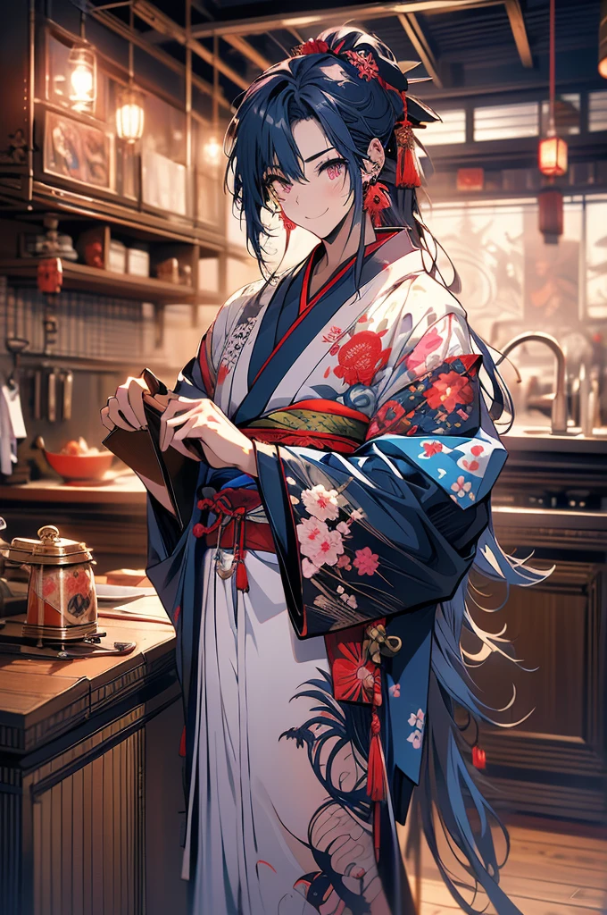(full body)1 man, young, very tall, muscular, wide body, long navy blue hair in a horsetail, pink eyes, several Japanese tattoos, (Clothes: navy blue kimono, large earrings), in a medieval Japanese kitchen , slutty smile, rape face, eyes shining with excitement, night, cooking