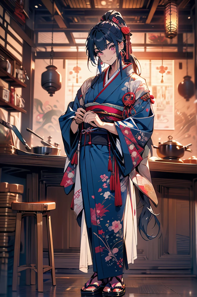 (full body)1 man, young, very tall, muscular, wide body, long navy blue hair in a horsetail, pink eyes, several Japanese tattoos, (Clothes: navy blue kimono, large earrings), in a medieval Japanese kitchen , slutty smile, rape face, eyes shining with excitement, night, cooking