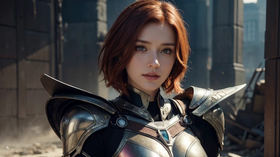 Masterpiece, of the highest quality, 8k, super detailed, cipher, A girl, Caucasian, 25 year old woman,lovely, goddess of beauty, mix between christina hendrix and bryce dallas howard, redhead, short detailed hair, full and pink lips, smile delicately, Very detailed mix of Alita Battle Angel and Evangelion costume in black and yellow, highly technological bio combat armor, dark lighting, background of a devastated city of large buildings, detailed skin texture, Beautifully detailed face, intricate details, super detailed, Various poses, pointing at the viewer