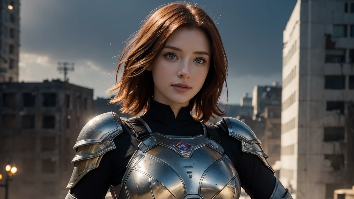 Masterpiece, of the highest quality, 8k, super detailed, cipher, A girl, Caucasian, 25 year old woman,lovely, goddess of beauty, mix between christina hendrix and bryce dallas howard, redhead, short detailed hair, full and pink lips, smile delicately, Very detailed mix of Alita Battle Angel and Evangelion costume in black and yellow, highly technological bio combat armor, dark lighting, background of a devastated city of large buildings, detailed skin texture, Beautifully detailed face, intricate details, super detailed, Various poses, pointing at the viewer