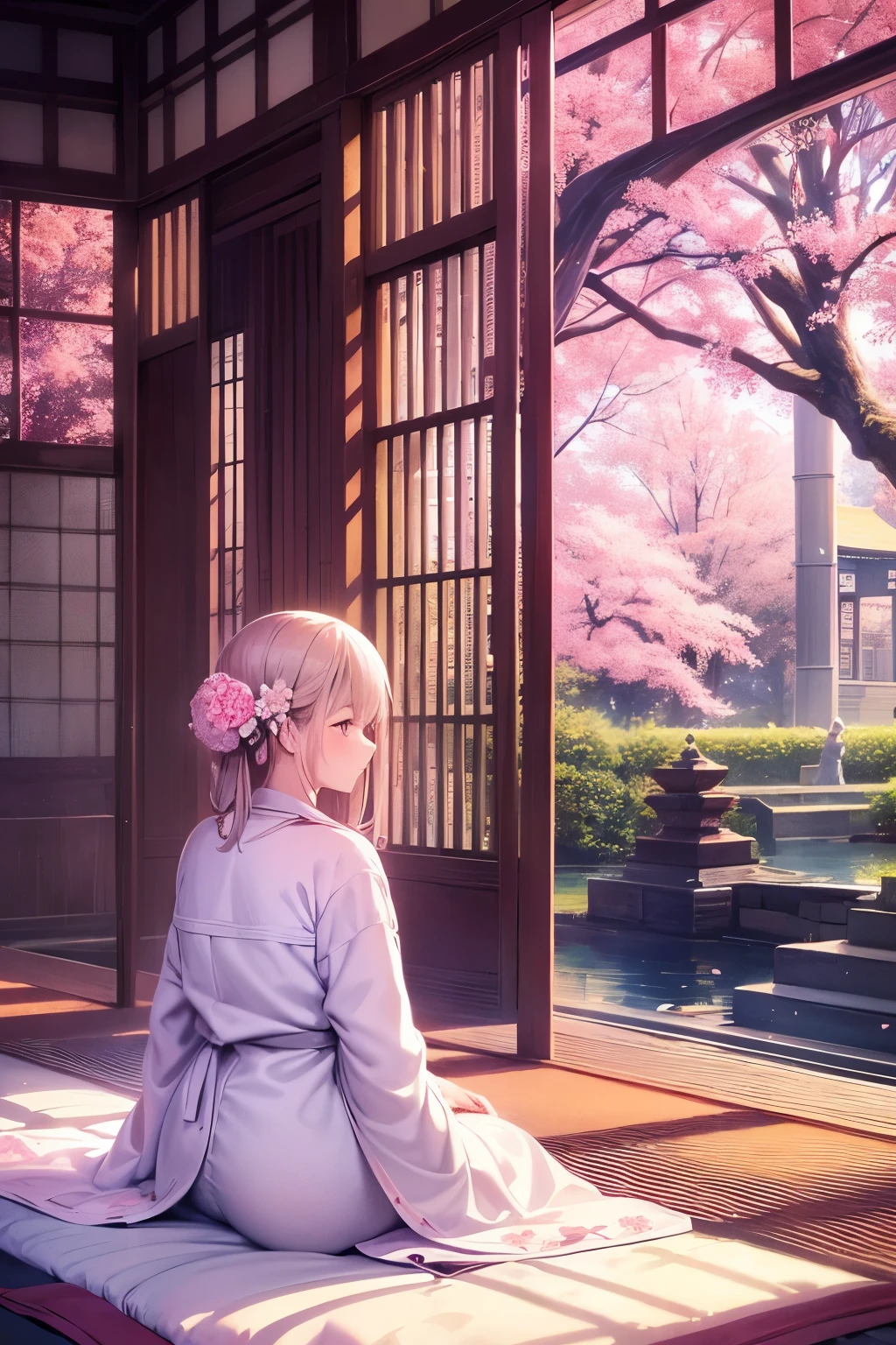 Beautiful attention to detail, Traditional attire, Quiet Garden, Cherry Blossom, Roomy robes, Graceful pose, bamboo forest, Delicate embroidery, Tea Ceremony, architecture, Soft lighting, Vibrant colors, Dreamy atmosphere, Intricate details. On my knees