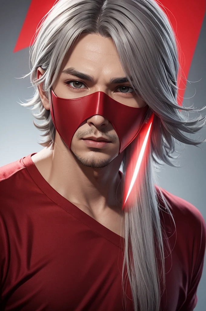 male character free fire game style gray hair down to the neck red mask with a triangular shape red shirt and in the background a very bright red color with some rays