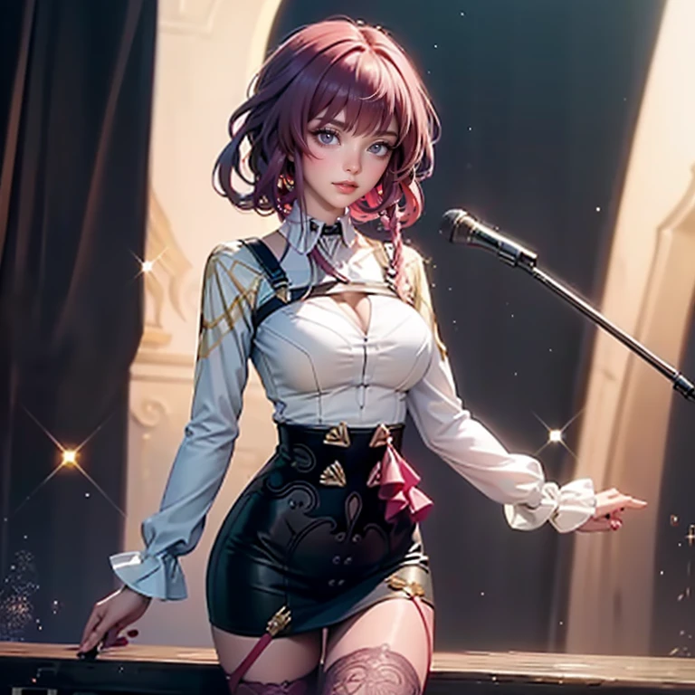 idol, 1girl, ((mature)), (huge breasts), adult woman, masterpiece, absurd, dressed as a j-idol, delicate colors, illustration, bright colors, beautiful, red eye, red hair, hair over one eye, short hair, live stage