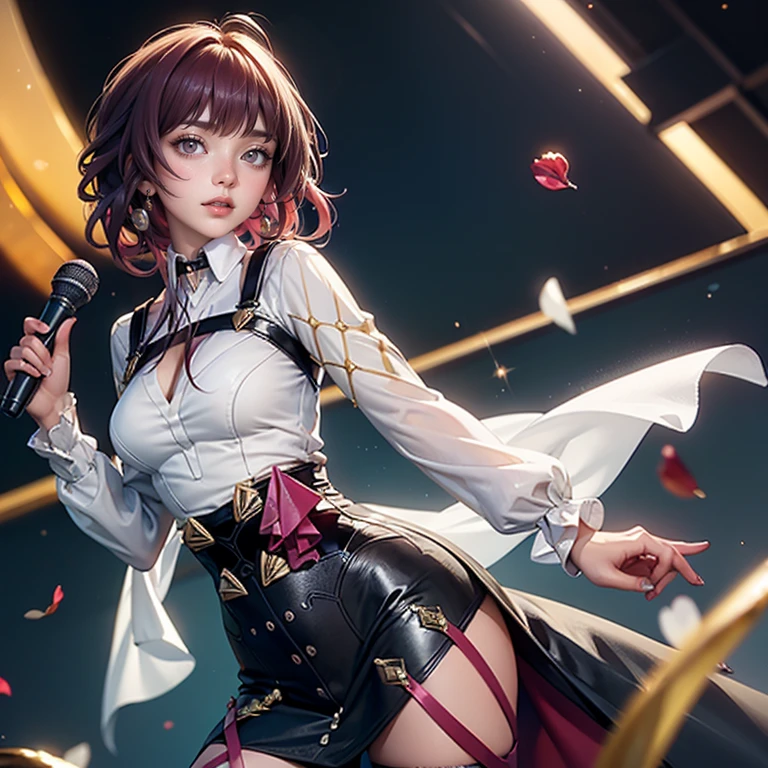 Kafka_(honkai: star rail), medium hair, flowing hair, floating hair, ornament hair, perfectly body, perfectly hands, dark pink rose on hair, 1 girl, Looking at the audience, flowing hair, Beautiful Eyes, Plump and glossy lips, Idol, dress with too many frills, black dress, gold laces, black Short skirt, Drape clothes, red gem, Lace trim, bright stage, luxury gold details, gold jewelry, more details, best quality, Big sparkling eyes, blushing, Striped Lace Stockings, black Lolita skirt, sparkle, solo, centered girl, cowboy shot, perfectly body, perfectly hands, two arms, two legs, two hands, five fingers, perfect anatomy, glowing hair, red roses, 1girl, dress, solo, flowing hair, floating hair, ornament hair, perfectly body, perfectly hands, on the stage, sparkles, more details on her clothes, dress with transparency, golden details on her dress, night, holding a microphone, ((4k, masterpiece, top-quality)), 8k, best quality, high resolution, UHD, (illustration:0.8), super cute girl, delicate and beautiful face, mature girl, super cute hairstyle, (beautiful detailed eyes:1.6), extremely detailed face, perfect lighting, extremely detailed CG, (perfect hands, perfect anatomy), Best quality, cleavage, small skirt, full Body, two arms, two legs, two hands, five fingers