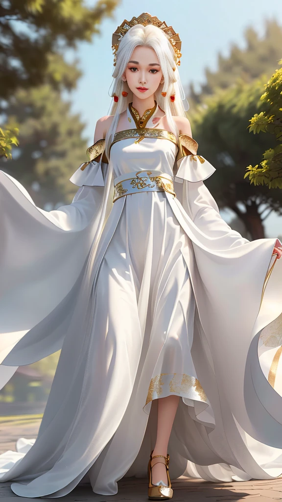Girl in traditional Chinese clothing, Hanfu, Guzhen Hanfu women, White Hanfu,(long straight white hair:1.5), black eyes, black bun hairstyle, hair accessories ,white diamond earrings, Bangle Diameter, Dia Necklace, Clear eyes, Facing forward,put on makeup, Long eyelashes ,(gold long shoulder coat:1.5), (Very long skirt, white:1.5), ((Whole body)), ((from below)), Clear face, , (Very beautiful face, Beautiful mouth, beautiful eyes), detailed face, ((Ultra-fine skin)), In the dark, deep shadows, an ancient Chinese girl (Very slim figure 1.3) ,Plump breasts, elegant posture ,(palace in the sky:1.5),