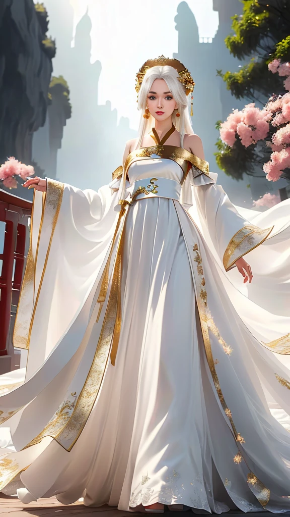 Girl in traditional Chinese clothing, Hanfu, Guzhen Hanfu women, White Hanfu,(long straight white hair:1.5), black eyes, black bun hairstyle, hair accessories ,white diamond earrings, Bangle Diameter, Dia Necklace, Clear eyes, Facing forward,put on makeup, Long eyelashes ,(gold long shoulder coat:1.5), (Very long skirt, white:1.5), ((Whole body)), ((from below)), Clear face, , (Very beautiful face, Beautiful mouth, beautiful eyes), detailed face, ((Ultra-fine skin)), In the dark, deep shadows, an ancient Chinese girl (Very slim figure 1.3) ,Plump breasts, elegant posture ,(palace in the sky:1.5),