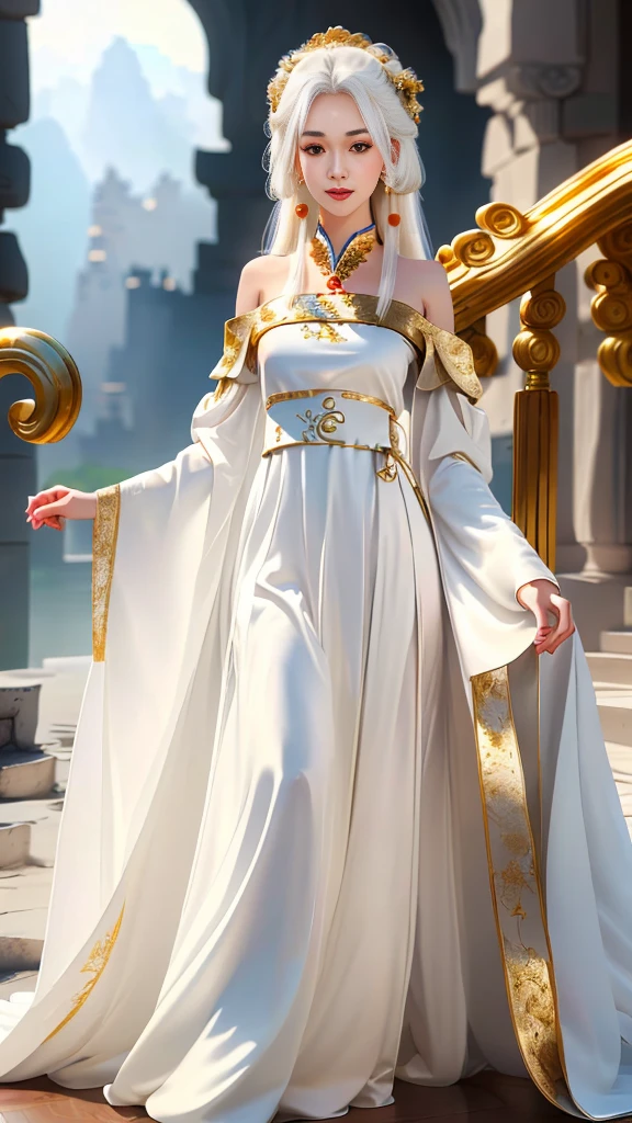 Girl in traditional Chinese clothing, Hanfu, Guzhen Hanfu women, White Hanfu,(long straight white hair:1.5), black eyes, black bun hairstyle, hair accessories ,white diamond earrings, Bangle Diameter, Dia Necklace, Clear eyes, Facing forward,put on makeup, Long eyelashes ,(gold long shoulder coat:1.5), (Very long skirt, white:1.5), ((Whole body)), ((from below)), Clear face, , (Very beautiful face, Beautiful mouth, beautiful eyes), detailed face, ((Ultra-fine skin)), In the dark, deep shadows, an ancient Chinese girl (Very slim figure 1.3) ,Plump breasts, elegant posture ,(palace in the sky:1.5),