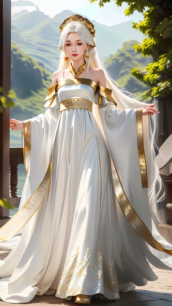 Girl in traditional Chinese clothing, Hanfu, Guzhen Hanfu women, White Hanfu,(long straight white hair:1.5), black eyes, black bun hairstyle, hair accessories ,white diamond earrings, Bangle Diameter, Dia Necklace, Clear eyes, Facing forward,put on makeup, Long eyelashes ,(gold long shoulder coat:1.5), (Very long skirt, white:1.5), ((Whole body)), ((from below)), Clear face, , (Very beautiful face, Beautiful mouth, beautiful eyes), detailed face, ((Ultra-fine skin)), In the dark, deep shadows, an ancient Chinese girl (Very slim figure 1.3) ,Plump breasts, elegant posture ,(palace in the sky:1.5),
