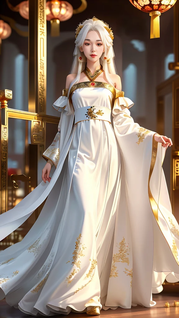 Girl in traditional Chinese clothing, Hanfu, Guzhen Hanfu women, White Hanfu,(long straight white hair:1.5), black eyes, black bun hairstyle, hair accessories ,white diamond earrings, Bangle Diameter, Dia Necklace, Clear eyes, Facing forward,put on makeup, Long eyelashes ,(gold long shoulder coat:1.5), (Very long skirt, white:1.5), ((Whole body)), ((from below)), Clear face, , (Very beautiful face, Beautiful mouth, beautiful eyes), detailed face, ((Ultra-fine skin)), In the dark, deep shadows, an ancient Chinese girl (Very slim figure 1.3) ,Plump breasts, elegant posture ,(palace in the sky:1.5),