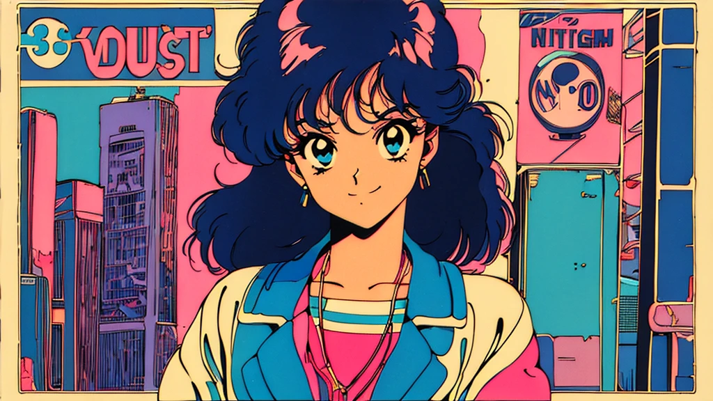 (80's, Retro, City Pop Poster:1.5), (Album cover), (masterpiece, Highest quality), (anime, figure), Best Photo Poses, Dynamic Angle, Cowboy Shot, alone, smile, A perfect eye for detail, Delicate face, High Fashion, Retroなゲームセンター、American casual、jazz、the 90s、Vintage、tobacco、speaker、Saxophone、rain、Cool Guy、Knight、City Boy、Retro、