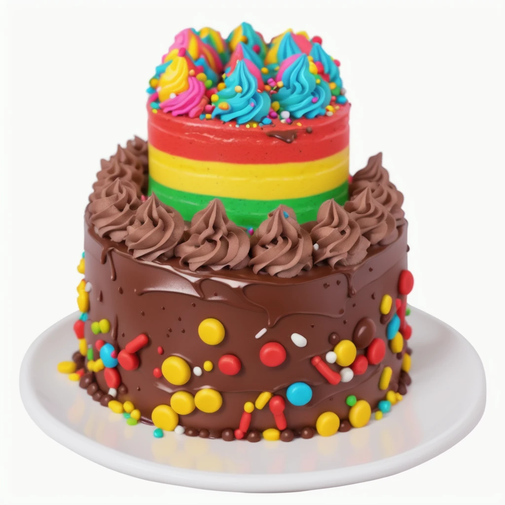 on the white background, on a porcelain plate, a chocolate two-layer cream cake, decorated with sprinkles on the bottom, chocolate cream swirls on the first layer, the second cream layer multi-colored, chocolate ganache on the second layer, multi-colored swirls with sprinkles on top, realistic texture, realistic style, detailed texture, high quality, high resolution, high quality rendering, realistic photo, brightning light, macro photo, ultra hd 4k