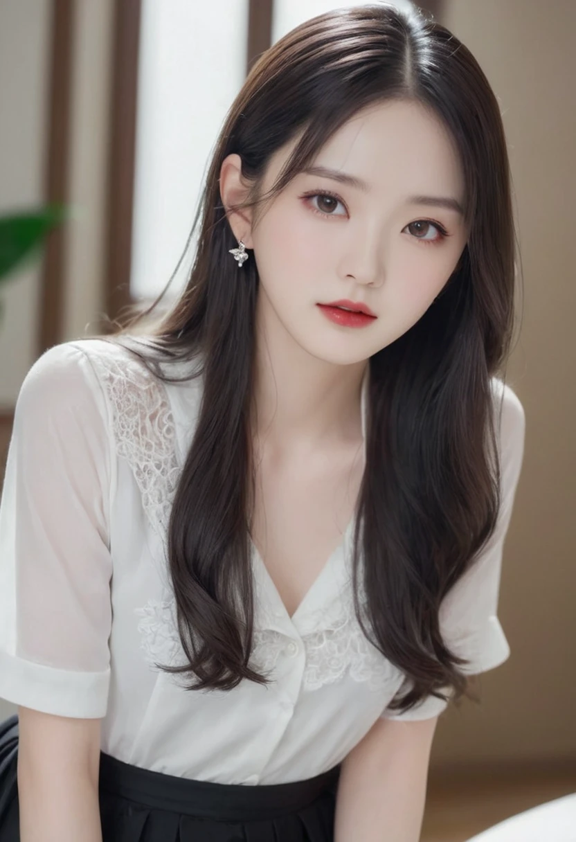 Top CG, Highest image quality, masterpiece, gentle beautiful girl, (185cm美女), (fit), Imperial sister, Queen temperament, White skin, ((long legs)), perfect facial features, Bright Eyes, Seductive pose, red lips, beautiful and cold (A major breakthrough)), beautiful and brave, soft and long hair, Shiny, lace, net, Visible through clear skin, wear glasses, Diamond earrings, Black skirt), 8k quality, (Realistic portraits), Characters fill the screen, (face lighting), ((eternity)
