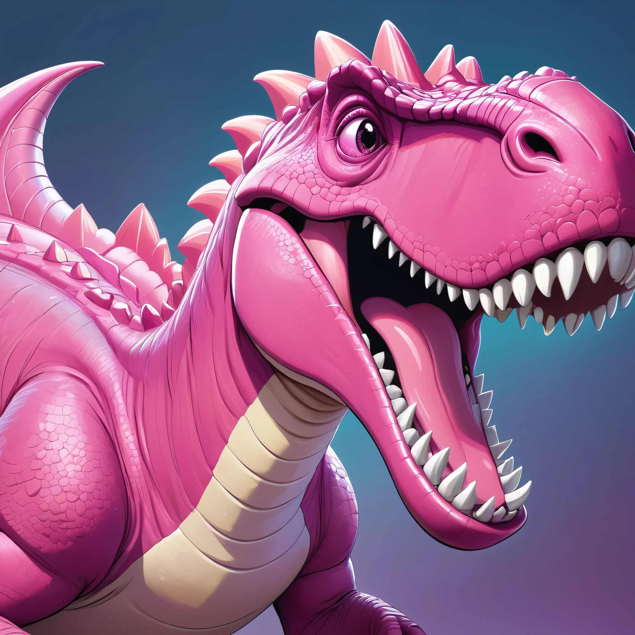 A laughing vibrant pink dinosaur, closeup, cartoon style, stylized, detailed textures, high quality, intricate features