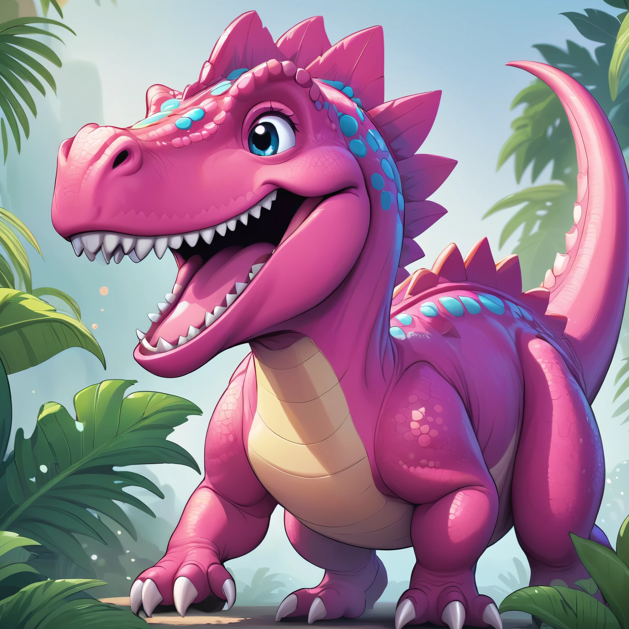 A laughing vibrant pink dinosaur, closeup, cartoon style, stylized, detailed textures, high quality, intricate features