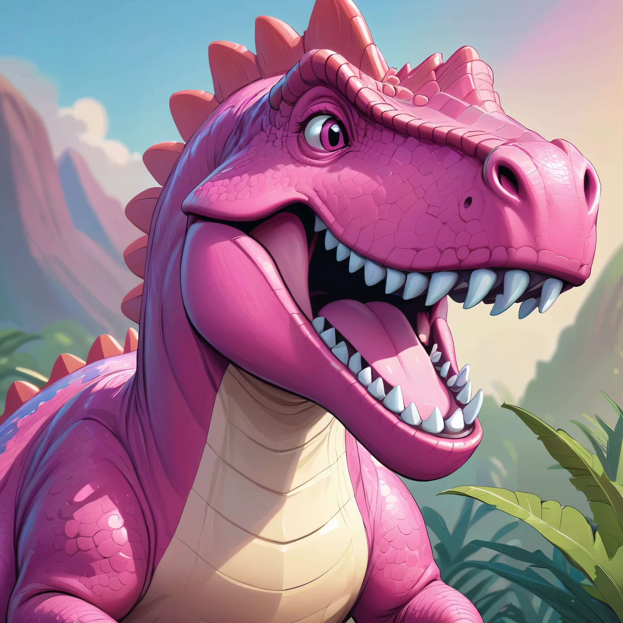 A laughing vibrant pink dinosaur, closeup, cartoon style, stylized, detailed textures, high quality, intricate features