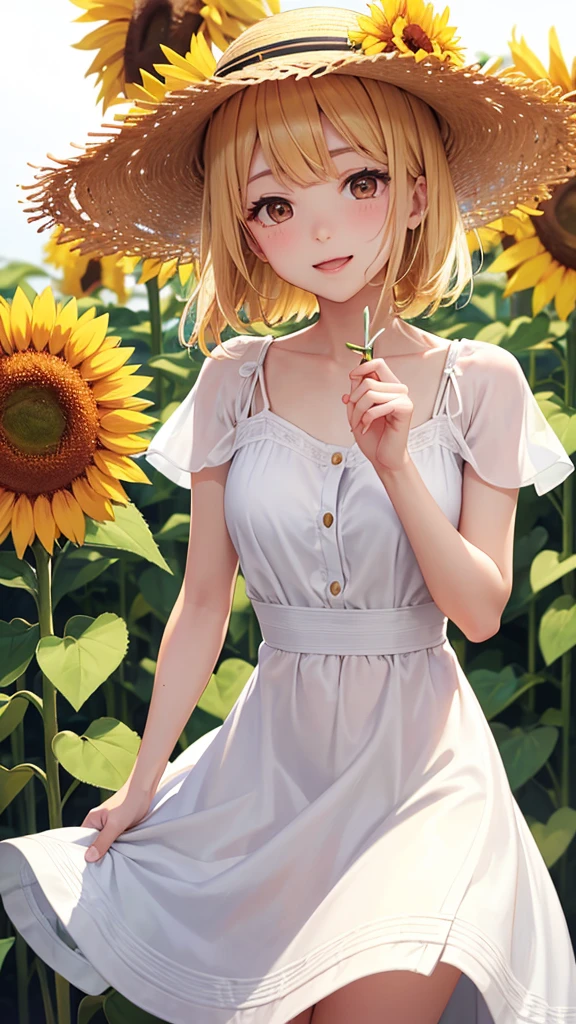 masterpiece, 1girl, grassland background, sundress, big boobs, small fitted dress, holding sunflower, blonde hair, twintails hair style