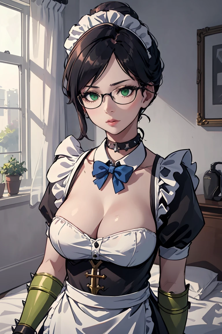 highres, sharp focus, pixiv masterpiece, ((intricate details)), highly detailed, upper body, , yuri alpha, 1girl, black hair, (blue bowtie:1.3), (green wristband, green gauntlets, spikes:1.1), glasses, maid, single hair bun, dress, choker, maid apron, indoors, grey eyes, big breasts, room, bed, cleavage, holding breasts, hands on own breasts, bouncing breasts
