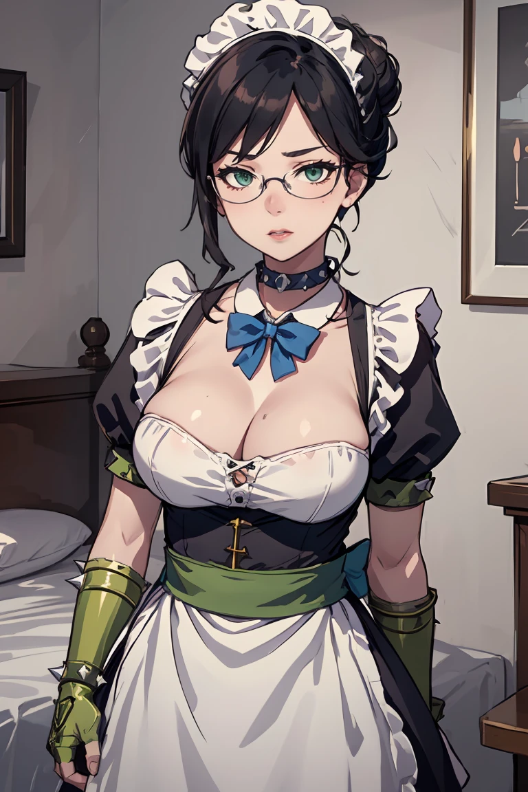 highres, sharp focus, pixiv masterpiece, ((intricate details)), highly detailed, upper body, , yuri alpha, 1girl, black hair, (blue bowtie:1.3), (green wristband, green gauntlets, spikes:1.1), glasses, maid, single hair bun, dress, choker, maid apron, indoors, grey eyes, , room, bed, cleavage, hreasts, hands on osts, bouncing breasts