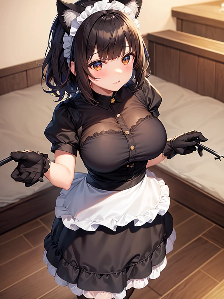 NSFW,One girl,(Maid clothes:1.3),(cropped:1.5),belly button,Micro Mini Skirt,Fishnet tights,Small breasts,(Perfect hands),(Perfect Anatomy),(masterpiece),(highest quality),Disgusting face,Embarrassed,blush,night,Mansion,Luxury Room,Office,Skirt Lift