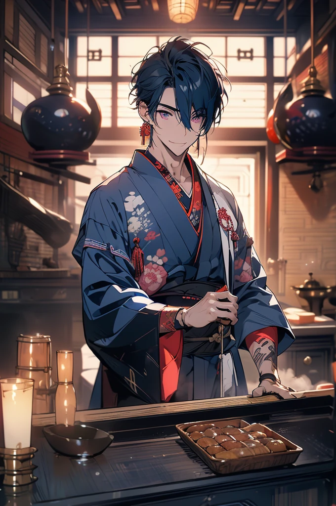 1 man, young, very tall, muscular, wide body, long navy blue hair in a horsetail, pink eyes, several Japanese tattoos, (Clothes: navy blue kimono, large earrings), in a medieval Japanese kitchen, slutty smile, rape face, eyes shining with excitement, the night, cooking