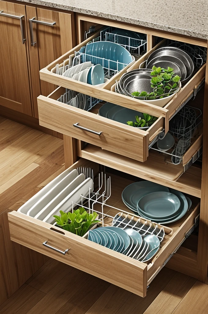 Create a dishwasher that has compartments to water plants with the water that the dishes drain that is made of glass, wood and having unusual or organic shapes