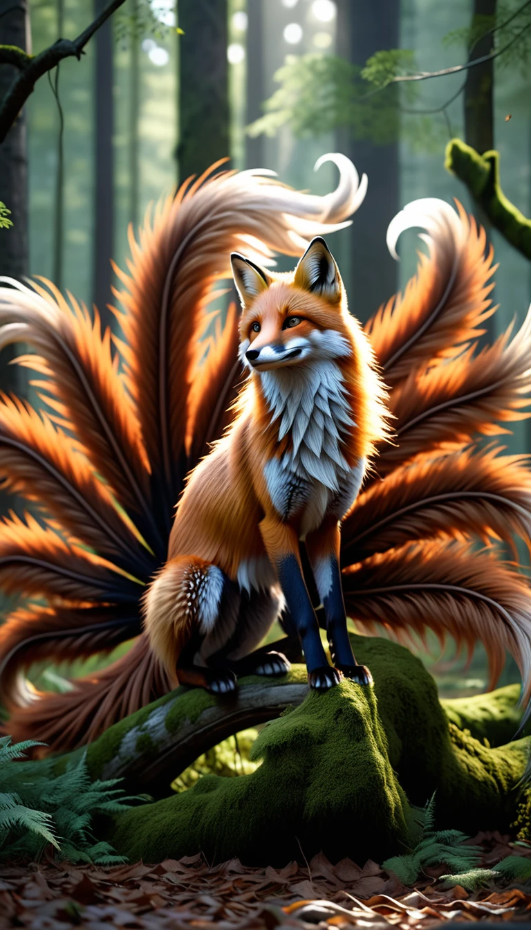 Panorama,A wild beast in the forest,Looks like a fox and has nine tails,Mysterious Creatures, shrike, (best quality,4K,8K,High level,masterpiece:1.2),Ultra Detailed,(lifelike,Photo real,Photo real:1.37),Highly detailed animals,Complex patterns,Realistic lighting,Fantasy Creatures