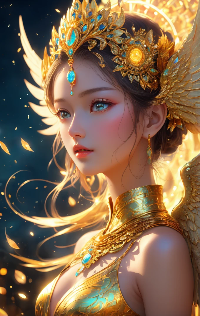 (anime:1.5), samsara wings, golden buddhism cycle of death, karmic cycle sparks, ((8k artistic)), ((surrealism concept art)), (award-winning photograph:1.5), soft natural volumetric cinematic perfect light, vivid cinematography, imagination, perfect anatomy, perfect detailed eyes, insane beauty, full body shot, bokeh, high detailed, masterpiece art, digital art painting, ultra detailed, LenkaizmART, ColorART, Leonardo Style, illustration, vector art, 1 girl,