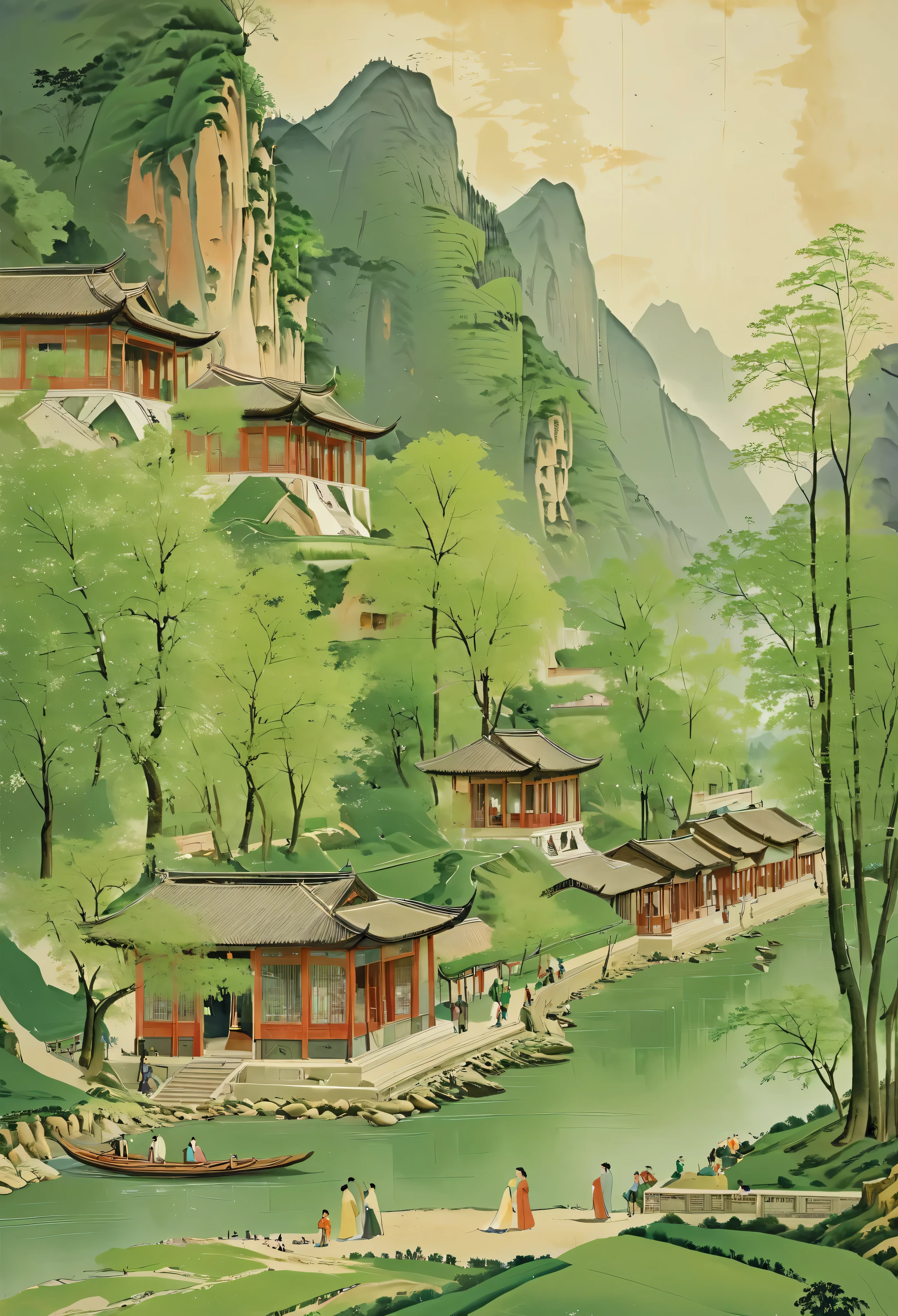 The large green and green painting depicts a spring landscape along the river,Towering Mountain々and green trees々. Trees at the foot of the mountain々There are some houses with red pillars and green tiles in the area.、It's full of people. The river is sparkling and vast.. A few people stopped by the riverbank to enjoy the view.,A landscape of spring light and harmony.,