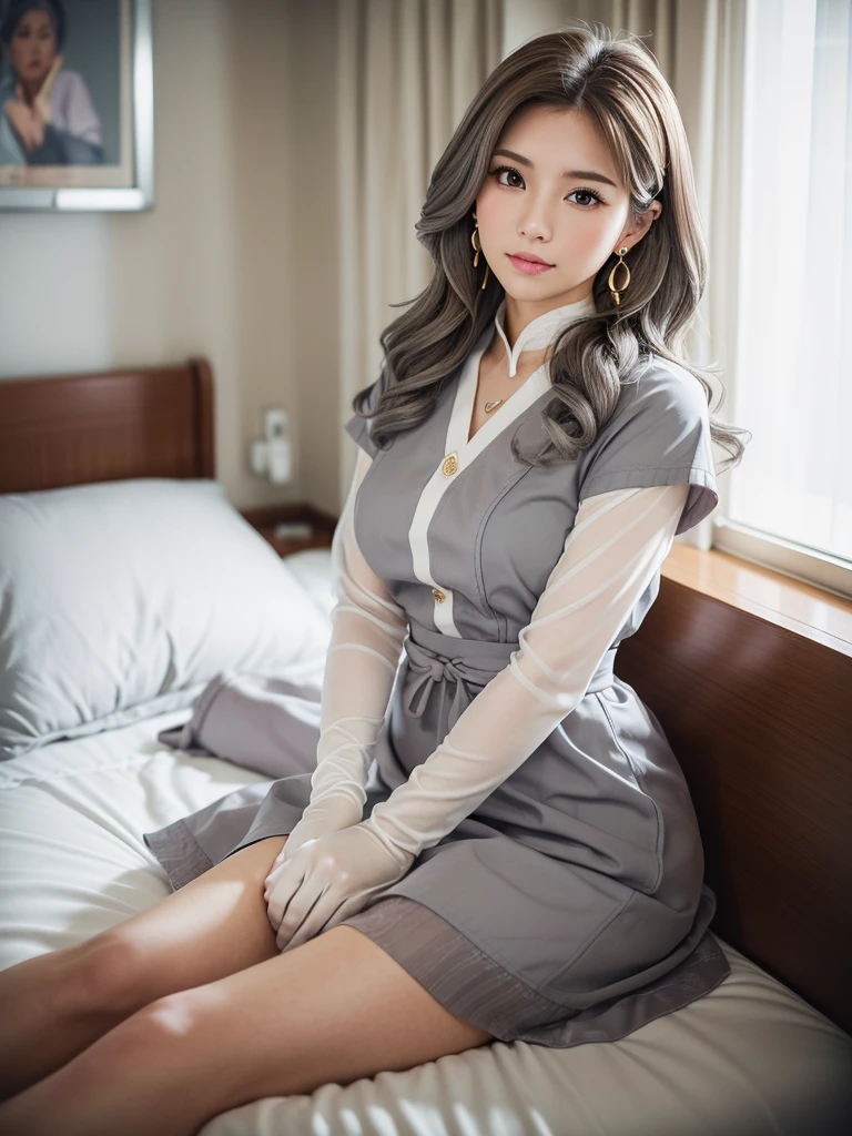 8K, RAW Photos, Fujifilm, Beautiful 20 year old woman style photo, (((Gray Hair:1.3,美しいGray Hairのストレートヘアー、シルキーなGray Hair)))、nurse, nurseの服装、pink, ((White legwear, zettai ryouiki)), White gloves,Gold earrings, (Highly detailed skin: 1.2), Light medium brown hair, Film Grain, 35mm, Cute Style、On the bed、Hospital room、erotic