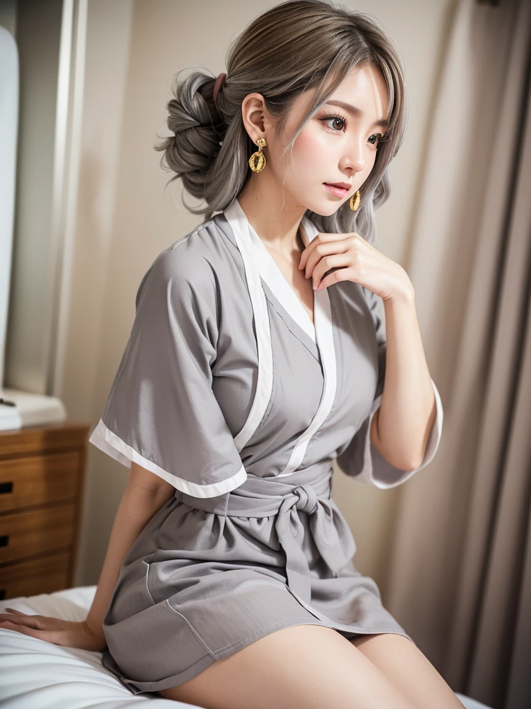 8K, RAW Photos, Fujifilm, Beautiful 20 year old woman style photo, (((Gray Hair:1.3,美しいGray Hairのストレートヘアー、シルキーなGray Hair)))、nurse, nurseの服装、pink, ((White legwear, zettai ryouiki)), White gloves,Gold earrings, (Highly detailed skin: 1.2), Light medium brown hair, Film Grain, 35mm, Cute Style、On the bed、Hospital room、erotic