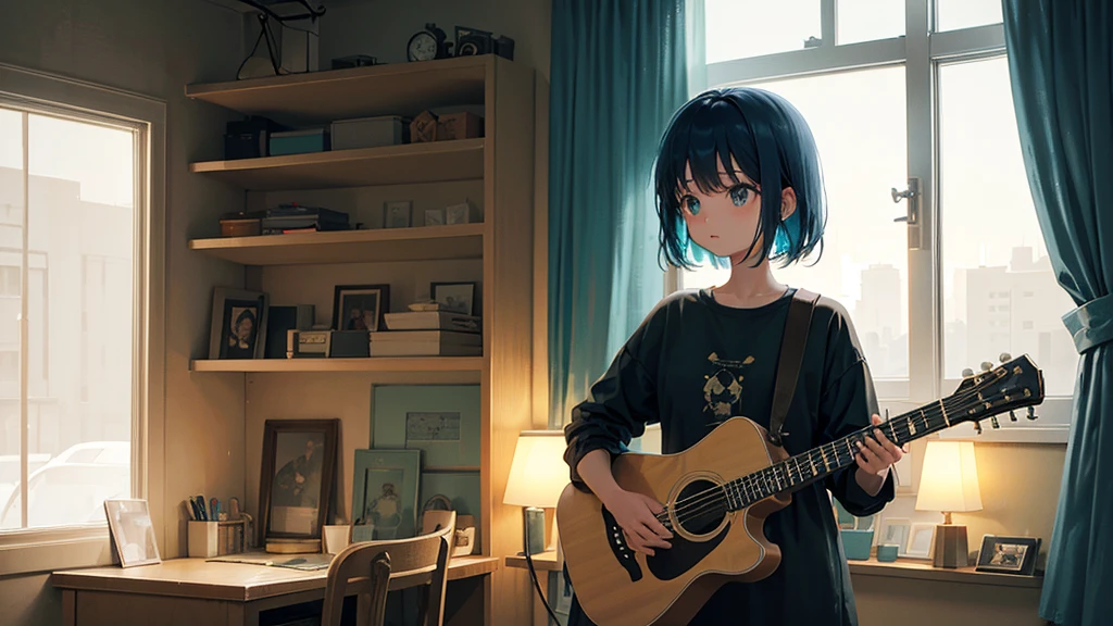 In a very dark room、In a place where the light shines fantastically from behind、A girl around 15 years old is playing the guitar and looking out the window.。In the background is a large window and a budgerigar。