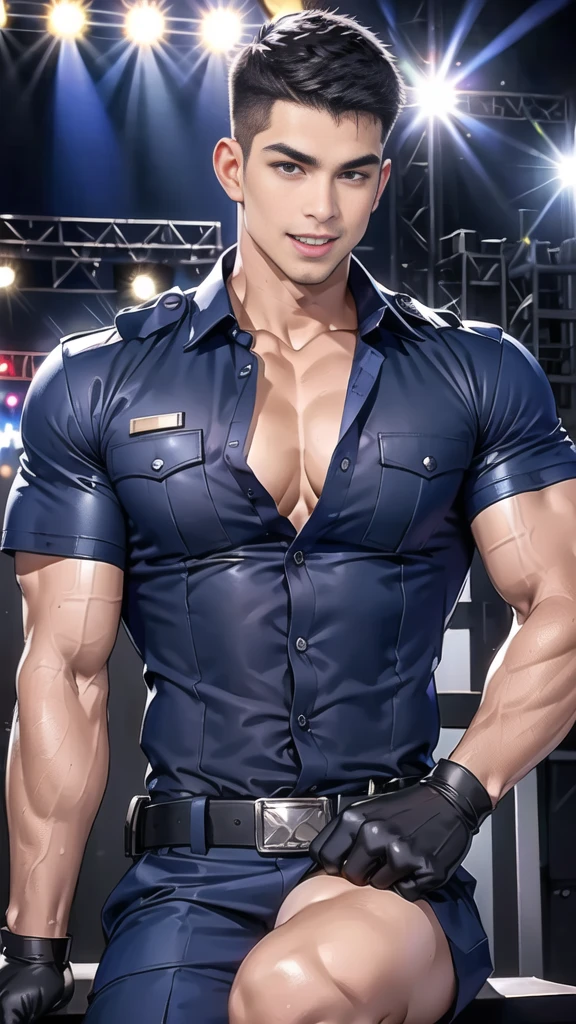 handsome man  sit on the table ,(crew cut short hair:1.2),black eye,smile,open mouth (navy police uniform and t-shirt:1.2),(open shirt short sleeves:1.2),collar,(shirt covered over:1.2),(name tag and Police badge:1.2),(shirt no buttons:1.1),(black_gloves:1.3), (Navy blue cargo:1.2),Korean guy,korean men,(High gloss details),(chest muscles:1.2),(large arm muscles:1.2),blood vessel,Big muscles,Broad shoulders,looking at the audience,Balancing the eyes,middle of the road,(stage:1.4)