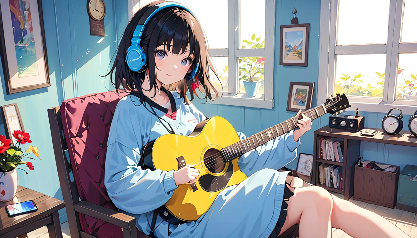 (Absurd:1.1, High resolution:1.1, 超detailed:1.1), 非常にdetailedな, 超detailed hair, (Fine grain:1.4), (Shining Eyes:1.3), thin, cute, Perfectly symmetrical face, narr○w waist, 超cute girl, 超cute face, 超cute, Super beautiful, Beautiful colors, merry (Yanmar gauge),From wlop,((Great quality)), (Beautiful legs), Sitting, smartphone, Upper body rest (Beautiful colors,detailed,Highest quality,Great quality,so beautiful), guitar, Headphones, Jersey, Chair, Lighting and Shadows(perspective), Lighting particles, colorful, masterpiece, Stylish room,