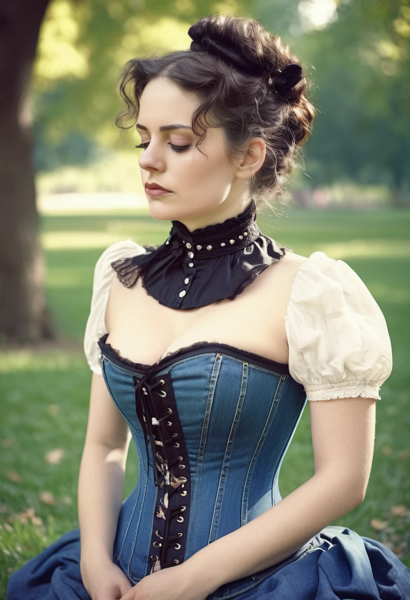 close-up, helpless shy ordinary woman, victorian hairstyle, saggy breasts, flared (Victorian tight corset and jeans with flounce), deeply sitting on her back in the park, caught in a sexual fetish session, 19th century photo, deep focus, vintage film grain, color correction retro style, soft lighting, ((in victorian tight corset and jeans with flounce))
