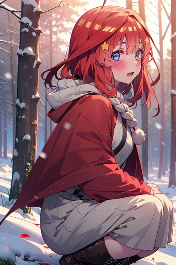 itsukinakano, itsuki nakano, bangs, blue eyes, Hair between the eyes, Ahoge, Redhead, star \(symbol\), hair ornaments, star hair ornaments,smile,blush,White Breath,
Open your mouth,snow, fire, Outdoor, boots, snowing, From the side, wood, suitcase, Cape, Blurred, Increase your meals, forest, White handbag, nature,  Squat, Mouth closed, Hooded Cape, winter, Written boundary depth, Black shoes, red Cape break looking at viewer, Upper Body, whole body, break Outdoor, forest, nature, break (masterpiece:1.2), Highest quality, High resolution, unity 8k wallpaper, (shape:0.8), (Beautiful and beautiful eyes:1.6), Highly detailed face, Perfect lighting, Extremely detailed CG, (Perfect hands, Perfect Anatomy),