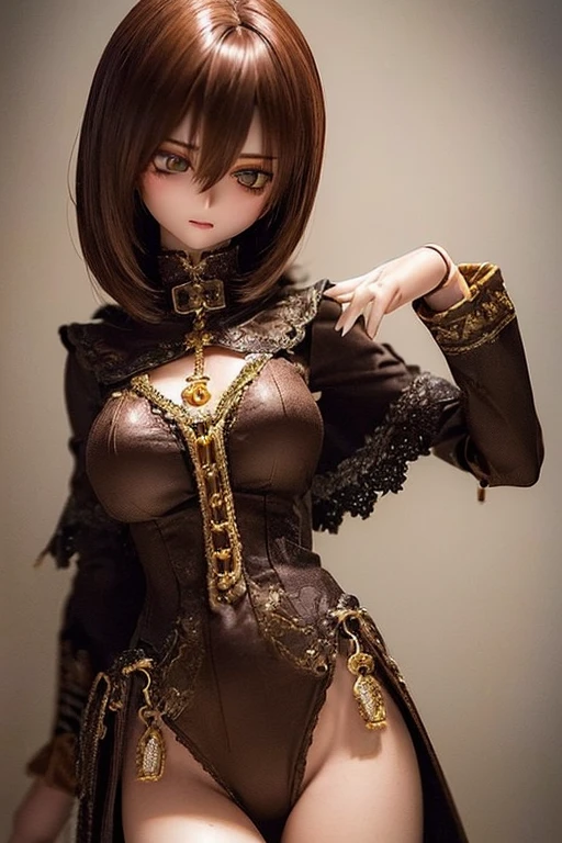 photorealistic, realistic photo, ((highest quality)), ((masterpiece)), kukolnydom, doll, (mature woman:1.6), solo, ((cowboy shot, dynamic pose, skinny, slender, slim, brown hair, parted lips)), detailed face, green eyes, (looking at another:1.3), (eyes out of focus, emotionless eyes, blank stare, empty eyes, detailed eyes), dress, castle, 8k