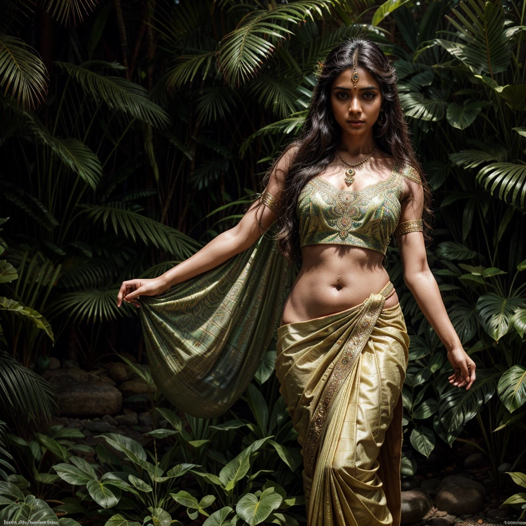 a beautiful indian mallu girl, intricate sari dress, delicate features, large expressive eyes, long dark hair, graceful pose, serene expression, ornate jewelry, lush tropical garden backdrop, natural sunlight, 4k, high quality, detailed painting, photorealistic, cinematic lighting, vibrant colors, organic textures