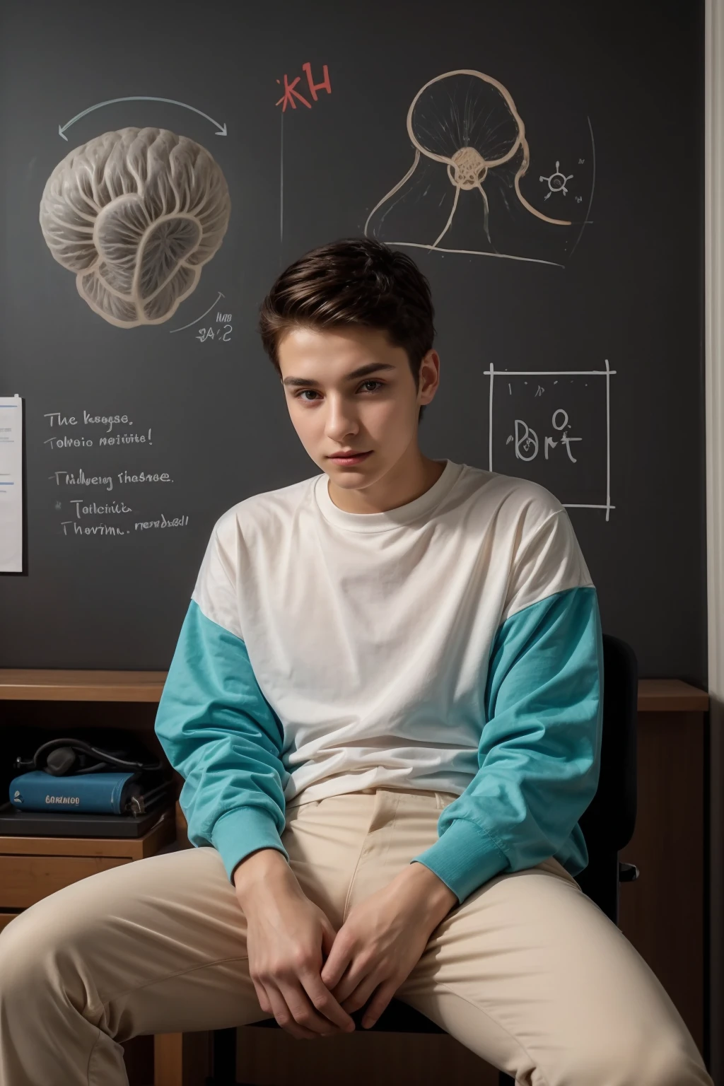 A beautiful young male twink, cute, with black hair, a face with reddish make-up, wearing a bright white long-sleeved shirt and aqua blue pants, and he is in his office, and behind him is a blackboard on which is written the shape of the brain and its anatomy, and nuclear energy comes out of it, and he looks proudly as he sits in a chair.  deluxe