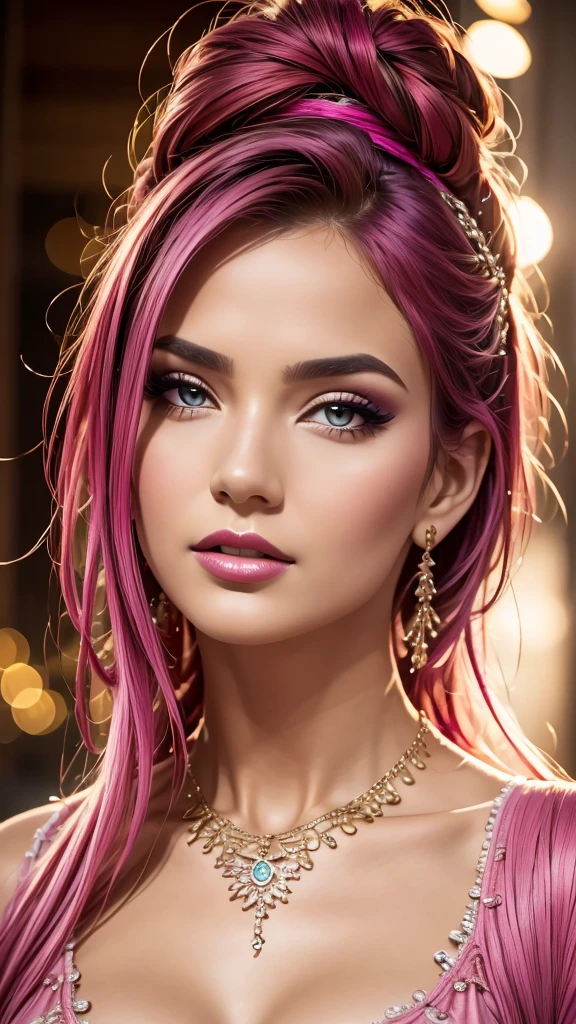 best quality, masterpiece, highres, 1girl,china dress,hair ornament,necklace, jewelry,Beautiful face,upon_body, tyndall effect,photorealistic, dark studio, rim lighting, two tone lighting,(high detailed skin:1.2), 8k uhd, dslr, soft lighting, high quality, volumetric lighting, candid, Photograph, high resolution, 4k, 8k, Bokeh, pink hair, nude,