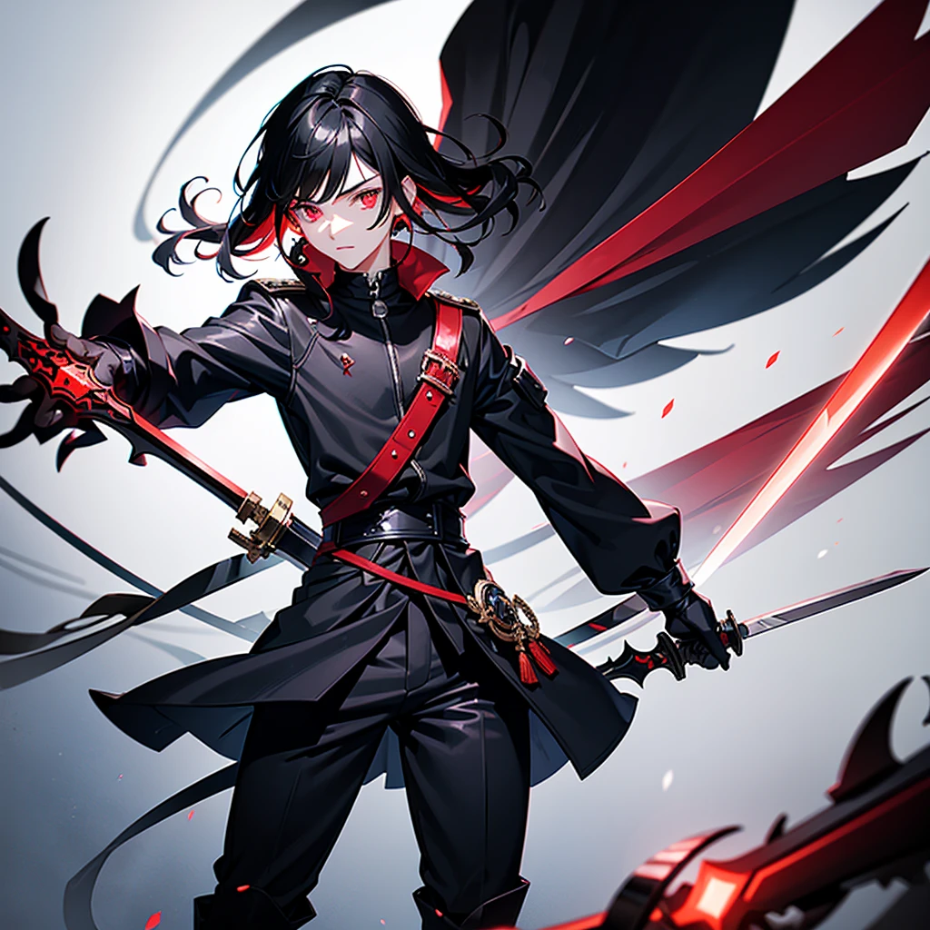 (a ),(masculine)(black hair),(scarlet eyes),(red aura),(gloomy background),(holds a long black-bladed sword),(blade full of macabre and red eyes)