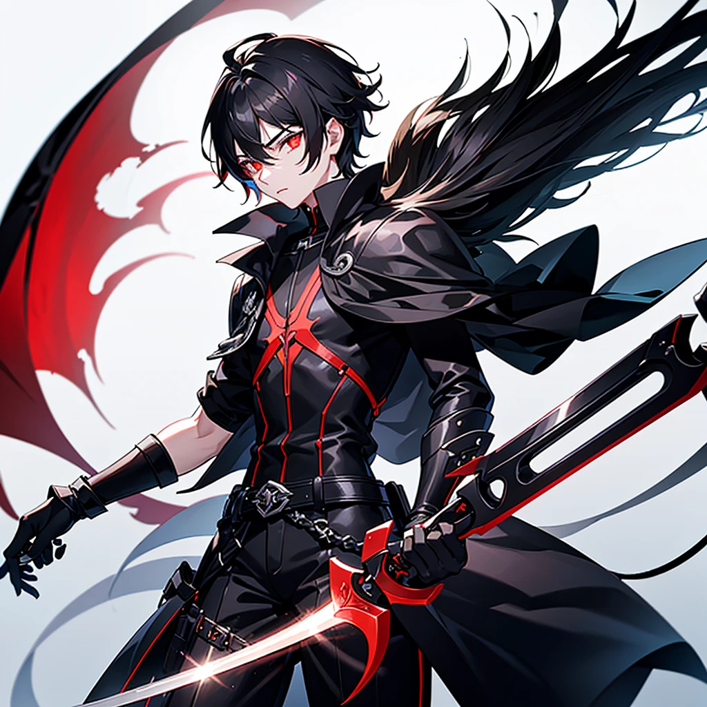 A  male teenager, with fantastic black hair and her bright scarlet eyes filled with hate, holds a magnificent sword with a white handle and black blade with macabre eyes spread across the entire blade.